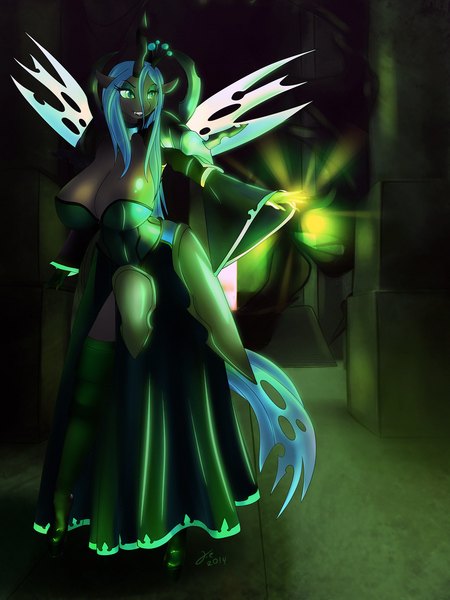 Anime picture 974x1300 with jessicaelwood (artist) single long hair tall image breasts light erotic smile green eyes blue hair horn (horns) huge breasts magic monster girl girl dress wings