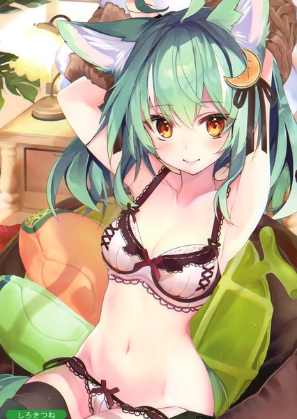 Anime picture 2096x2954 with melonbooks shirokitsune single long hair tall image looking at viewer blush fringe highres breasts light erotic smile hair between eyes sitting brown eyes signed animal ears cleavage ahoge indoors