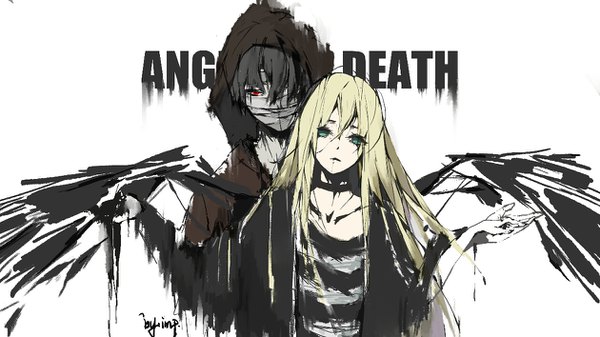 Anime picture 1260x708 with satsuriku no tenshi ray (satsuriku no tenshi) zack (satsuriku no tenshi) impimo long hair short hair black hair blonde hair simple background red eyes wide image white background green eyes signed upper body copyright name girl boy choker hood