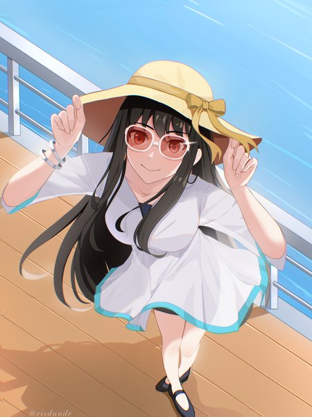 Anime picture 1536x2048 with spy x family yor briar risdandr single long hair tall image looking at viewer black hair smile red eyes full body from above sparkle shadow adjusting hat crossed legs (standing) girl dress hat bracelet