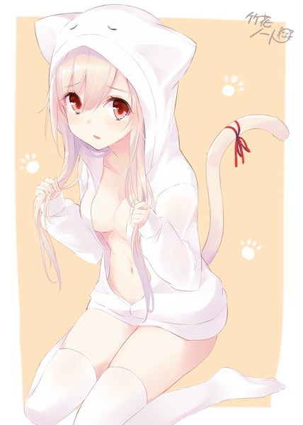 Anime picture 714x1000 with original takehana note single tall image looking at viewer blush fringe open mouth light erotic simple background blonde hair hair between eyes red eyes sitting signed cleavage tail animal tail open clothes cat girl