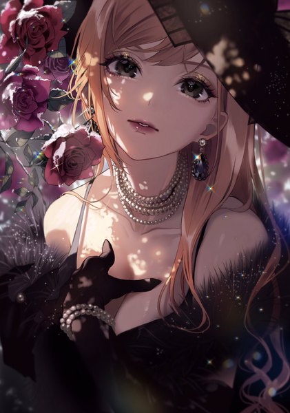 Anime picture 1438x2048 with idolmaster idolmaster shiny colors arisugawa natsuha magako single long hair tall image looking at viewer fringe breasts brown hair bare shoulders payot cleavage upper body parted lips black eyes sparkle lipstick hand on chest