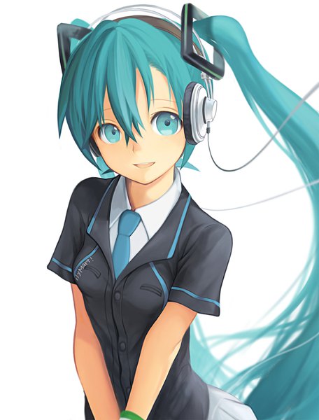 Anime picture 1374x1808 with vocaloid hatsune miku kari kenji single tall image looking at viewer fringe open mouth simple background smile hair between eyes white background twintails very long hair aqua eyes aqua hair alternate costume girl skirt shirt