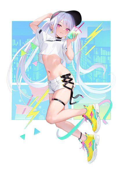 Anime picture 1290x1825 with original shiro-chan (mignon) mignon single long hair tall image looking at viewer blush fringe light erotic twintails holding silver hair full body bent knee (knees) pink eyes arms up skindentation border outside border