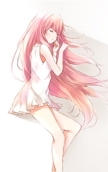 Anime picture 627x1000 with original silver (chenwen) single long hair tall image blush fringe open mouth simple background white background bare shoulders pink hair bent knee (knees) eyes closed bare legs :o shadow sleeveless on side sleeping