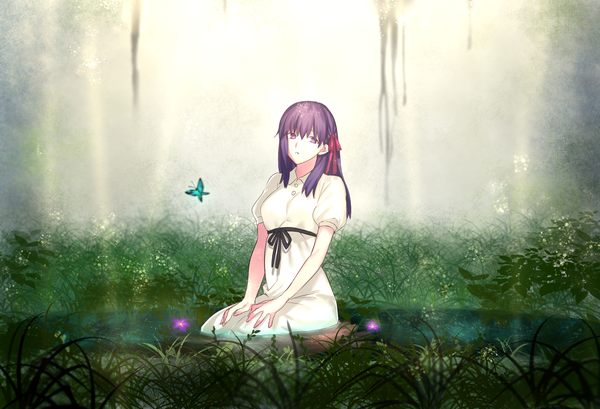 Anime picture 2250x1536 with fate (series) fate/stay night matou sakura seseragi azuma single long hair highres sitting purple eyes looking away purple hair puffy sleeves girl dress ribbon (ribbons) plant (plants) hair ribbon water white dress insect