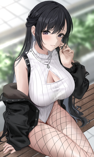 Anime picture 1000x1670 with original po ppe single long hair tall image looking at viewer blush fringe breasts light erotic black hair hair between eyes large breasts purple eyes cleavage outdoors long sleeves arm up from above blurry