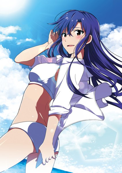 Anime picture 1200x1697 with idolmaster idolmaster (classic) kisaragi chihaya naruhodo usagi single long hair tall image looking at viewer blush open mouth brown eyes blue hair sky cloud (clouds) open clothes open shirt girl swimsuit shirt