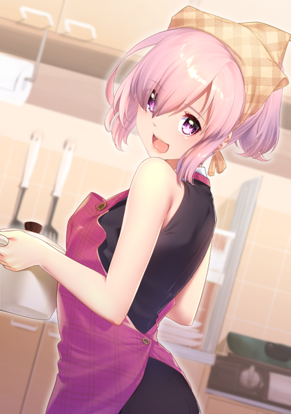 Anime picture 827x1176 with fate (series) fate/grand order mash kyrielight hisayaki kyuu single tall image looking at viewer blush fringe short hair open mouth smile standing purple eyes bare shoulders holding pink hair indoors :d looking back
