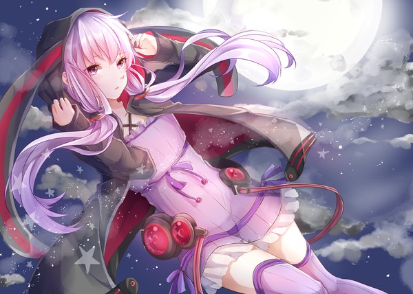 Anime picture 3106x2220 with vocaloid voiceroid yuzuki yukari mai mugi single long hair fringe highres twintails looking away pink hair absurdres cloud (clouds) pink eyes wind night night sky low twintails frilled dress midair