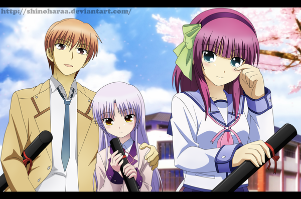 Anime picture 4092x2710 with angel beats! key (studio) tachibana kanade nakamura yuri otonashi yuzuru shinoharaa (artist) long hair blush highres short hair open mouth blue eyes smile brown hair multiple girls brown eyes yellow eyes pink hair absurdres sky