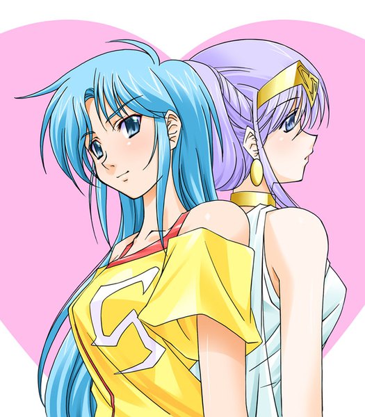 Anime picture 700x800 with ninja senshi tobikage romina ladorio lenny ai kageyama shinobi long hair tall image looking at viewer fringe short hair breasts open mouth blue eyes simple background hair between eyes standing bare shoulders multiple girls payot blue hair looking away