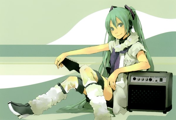 Anime picture 3158x2162 with vocaloid hatsune miku yoshito (u10) single long hair highres twintails absurdres green hair light smile sleeveless girl boots scarf musical instrument guitar
