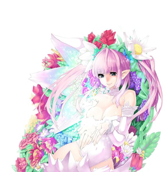 Anime picture 1200x1234 with original dokuo.y single long hair tall image fringe light erotic simple background smile white background twintails bare shoulders pink hair purple hair hair flower light smile pointy ears grey eyes looking down girl
