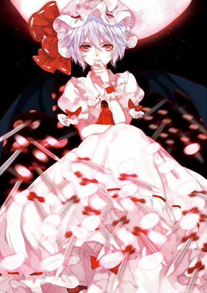 Anime picture 700x989 with touhou remilia scarlet tian (my dear) single tall image looking at viewer short hair smile red eyes sitting purple hair bat wings girl dress wings frills moon bonnet full moon