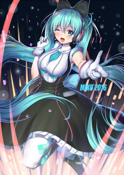 Anime picture 707x1000 with vocaloid magical mirai (vocaloid) hatsune miku magical mirai miku magical mirai miku (2016) kr (sapphire) single tall image blush fringe open mouth hair between eyes twintails very long hair one eye closed aqua eyes wink aqua hair rhombus girl