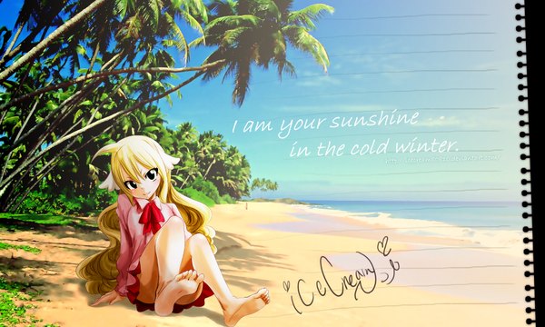 Anime picture 2000x1200 with fairy tail mavis vermillion icecream80810 single long hair blush highres blonde hair wide image sky cloud (clouds) ahoge light smile black eyes inscription legs beach coloring sand girl