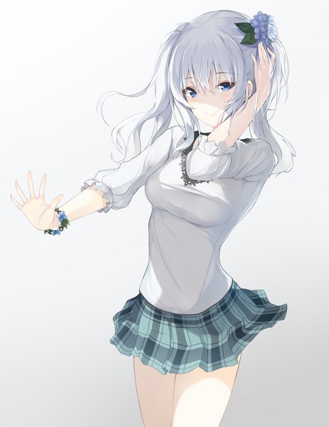 Anime picture 1000x1294 with kantai collection kashima training cruiser inushi single long hair tall image looking at viewer blush fringe breasts blue eyes simple background smile hair between eyes standing twintails payot pleated skirt hair flower arm up