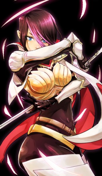 Anime picture 583x1000 with league of legends fiora (league of legends) beanbean1988 single tall image short hair blue eyes simple background brown hair black background girl gloves weapon sword black gloves armor katana