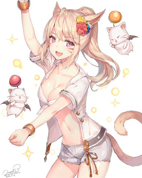 Anime picture 1000x1250 with final fantasy final fantasy xiv square enix miqo'te moogle momoko (momopoco) single long hair tall image looking at viewer fringe open mouth light erotic blonde hair signed animal ears cleavage ponytail tail animal tail