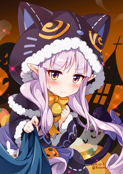 Anime picture 627x885 with princess connect! re:dive princess connect! kyouka (princess connect!) fuusha single long hair tall image blush twintails signed yellow eyes purple hair pointy ears sparkle fur trim twitter username low twintails dated sweatdrop halloween