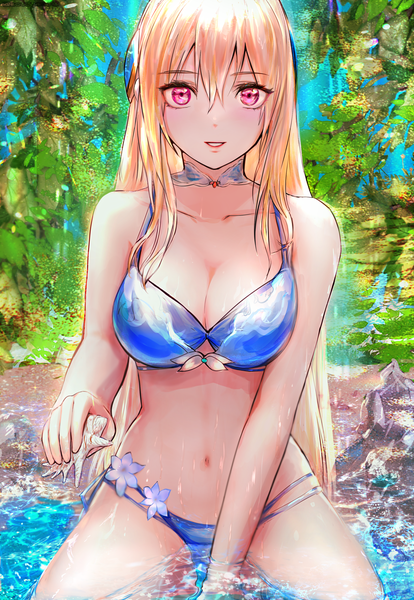Anime-Bild 2136x3093 mit heaven burns red shirakawa yuina oyama sou single long hair tall image looking at viewer blush fringe highres breasts light erotic blonde hair hair between eyes red eyes large breasts cleavage outdoors parted lips wet