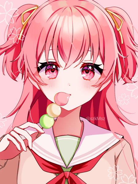 Anime picture 1536x2048 with project sekai momoi airi szmymsz single long hair tall image looking at viewer blush fringe hair between eyes signed pink hair upper body pink eyes two side up twitter username pink background eating girl food