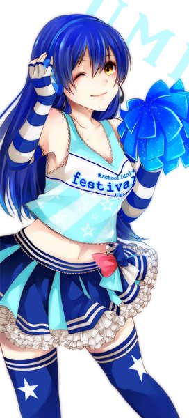 Anime picture 1000x2200 with love live! school idol project sunrise (studio) love live! sonoda umi akit (15jamjam) single long hair tall image looking at viewer smile yellow eyes blue hair one eye closed wink cheerleader girl thighhighs skirt bow headphones