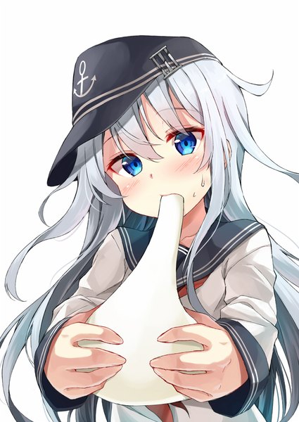 Anime picture 680x960 with kantai collection hibiki destroyer kakao rantan single long hair tall image blush fringe blue eyes simple background hair between eyes standing white background holding silver hair long sleeves head tilt sweat mouth hold looking down
