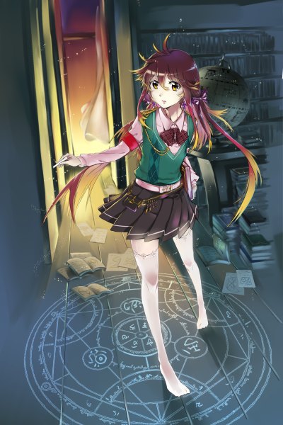 Anime picture 1600x2400 with original pixiv fantasia pixiv fantasia new world single long hair tall image looking at viewer fringe open mouth standing twintails holding yellow eyes ahoge long sleeves multicolored hair no shoes magic light girl