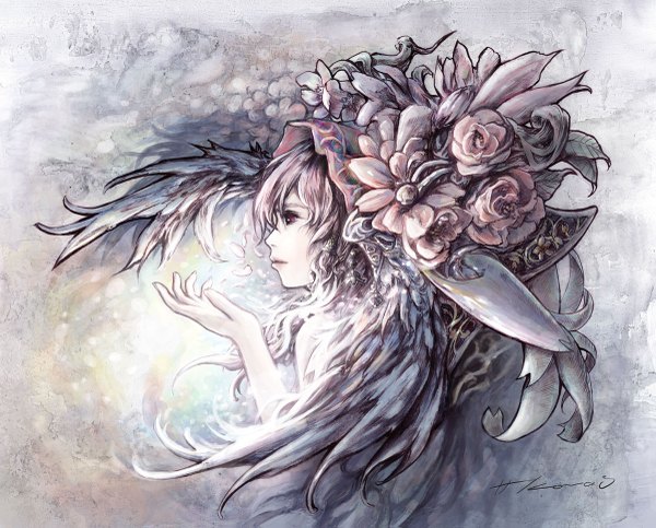 Аниме картинка 1200x967 с оригинальное изображение komai haruki длинные волосы светлые волосы красные глаза цветок в волосах надпись свет ангельские крылья девушка украшения для волос