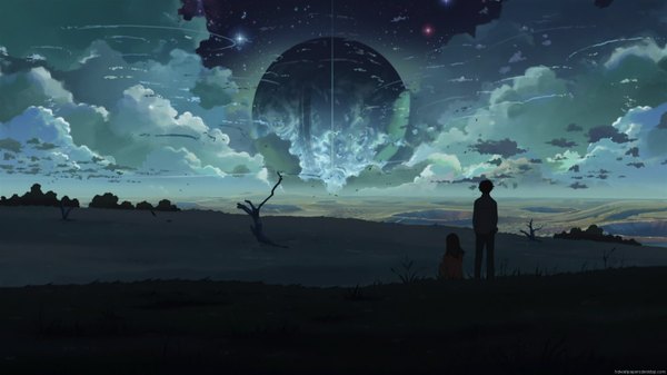 Anime picture 1920x1080 with 5 centimeters per second shinkai makoto long hair highres short hair black hair wide image sitting cloud (clouds) wallpaper back landscape hands in pockets bare tree girl boy plant (plants) tree (trees) star (stars) grass