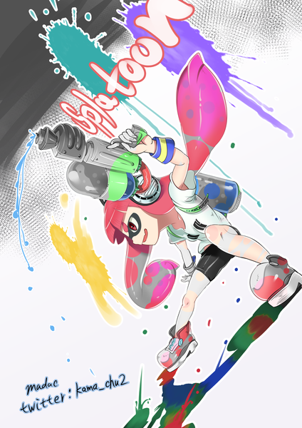 Anime picture 1417x2006 with splatoon nintendo inkling c-kama single long hair tall image open mouth red eyes signed looking away red hair profile shadow copyright name fighting stance tentacle hair girl headphones t-shirt