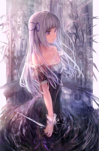 Anime picture 1390x2109 with aikatsu! hikami sumire efl ite single long hair tall image fringe standing purple eyes bare shoulders holding looking away silver hair blunt bangs parted lips girl dress ribbon (ribbons) plant (plants) hair ribbon