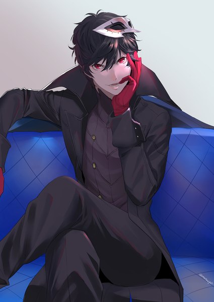 Anime picture 753x1062 with persona 5 persona amamiya ren mn single tall image looking at viewer fringe short hair open mouth black hair simple background smile hair between eyes red eyes sitting signed bent knee (knees) grey background twitter username