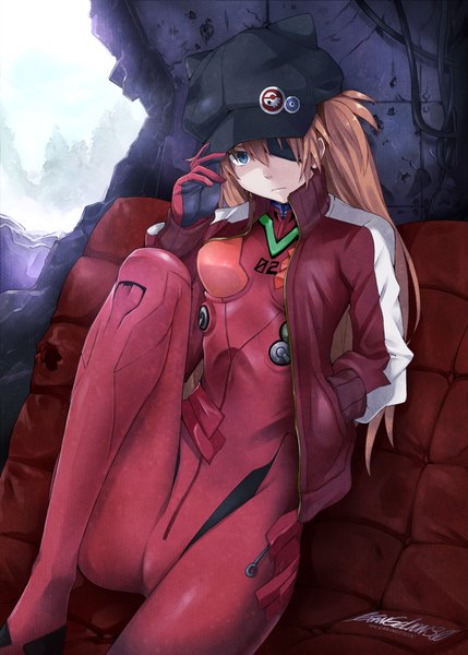 Anime picture 1500x2099 with neon genesis evangelion rebuild of evangelion evangelion: 3.0 you can (not) redo gainax soryu asuka langley pokimari single long hair tall image looking at viewer blue eyes brown hair sitting twintails signed orange hair open clothes open jacket hand in pocket girl