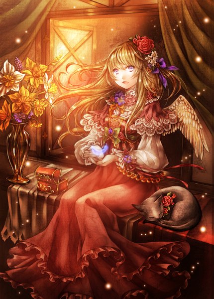Anime picture 1000x1395 with original ankoro single long hair tall image looking at viewer open mouth blue eyes brown hair girl dress hair ornament flower (flowers) animal wings cat