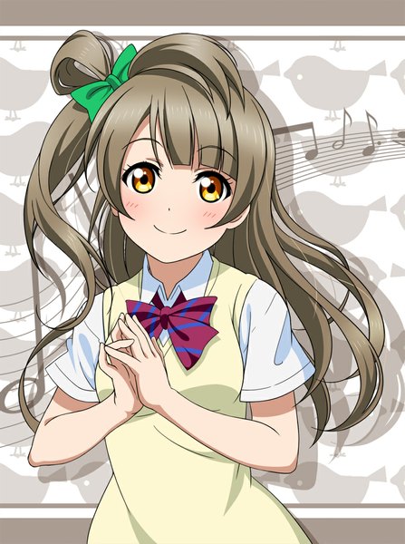 Anime picture 800x1073 with love live! school idol project sunrise (studio) love live! minami kotori takamin apaman single long hair tall image looking at viewer blush smile yellow eyes grey hair one side up girl uniform bow hair bow school uniform musical note