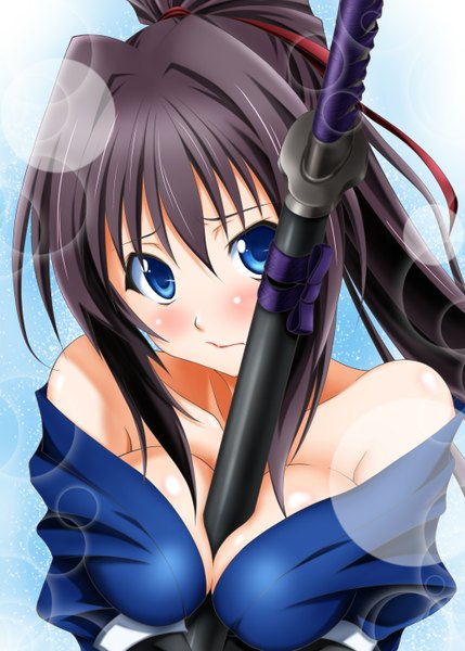 Anime picture 1036x1450 with oda nobuna no yabou shibata katsuie (oda nobuna no yabou) sumeragi tomo single long hair tall image breasts blue eyes light erotic black hair ponytail japanese clothes girl weapon sword kimono katana