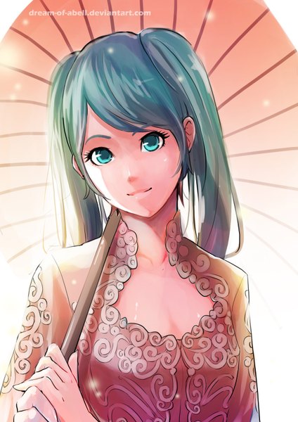 Anime picture 1100x1556 with vocaloid hatsune miku dream-of-abell single long hair tall image looking at viewer blue eyes twintails light smile aqua hair chinese clothes girl dress umbrella chinese dress oriental umbrella