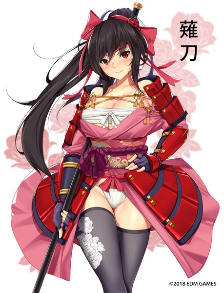 Anime picture 842x1100 with original tony guisado single long hair tall image looking at viewer blush fringe breasts light erotic black hair smile hair between eyes standing bare shoulders brown eyes cleavage ponytail traditional clothes head tilt