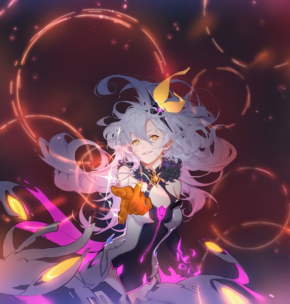 Anime picture 2000x2090 with honkai impact 3rd benghuai xueyuan honkai (series) kiana kaslana kiana kaslana (herrscher of the void) sola7764 single long hair tall image looking at viewer fringe highres hair between eyes standing yellow eyes silver hair parted lips wind sparkle fur trim