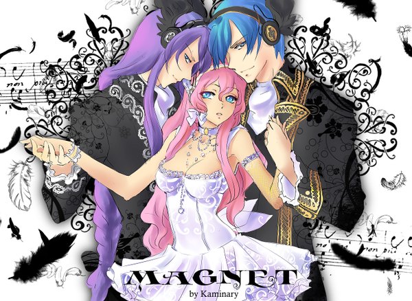 Anime picture 1368x1000 with vocaloid magnet (vocaloid) megurine luka kaito (vocaloid) kamui gakupo kaminary long hair short hair breasts blue eyes light erotic smile signed blue hair pink hair purple hair profile inscription wallpaper girl