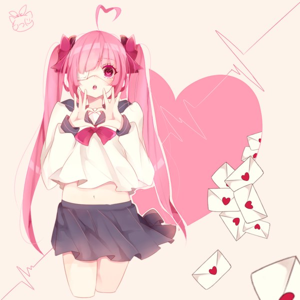 Anime picture 1000x1000 with original motsuni (lxxe1120) single long hair looking at viewer twintails pink hair ahoge pink eyes wind midriff symbol-shaped pupils heart-shaped pupils heart hands girl uniform bow hair bow serafuku heart