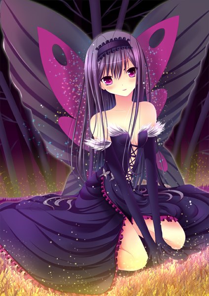 Anime picture 707x1000 with accel world sunrise (studio) kuroyukihime toshi (1-147) single long hair tall image looking at viewer purple eyes bare shoulders purple hair insect wings butterfly wings girl dress gloves wings elbow gloves headdress
