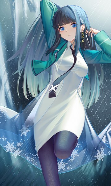 Anime picture 1500x2497 with mahouka koukou no rettousei shiba miyuki mobu (wddtfy61) single long hair tall image looking at viewer blush fringe breasts blue eyes black hair standing payot blunt bangs head tilt arms up arm behind head hime cut girl