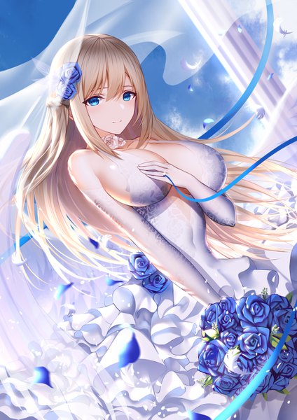 Anime picture 2000x2829 with warship girls r lexington (warship girls r) an yasuri single long hair tall image looking at viewer blush fringe highres breasts blue eyes light erotic blonde hair smile hair between eyes large breasts standing bare shoulders payot