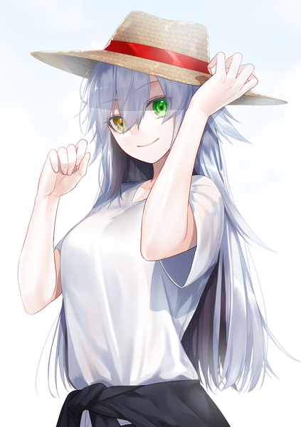Anime picture 900x1275 with original dodome ichika waka (shark waka) single long hair tall image looking at viewer fringe breasts simple background smile hair between eyes standing white background green eyes yellow eyes silver hair upper body arm up heterochromia