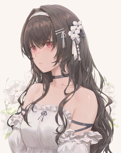 Anime picture 4029x5089 with original free style (yohan1754) single long hair tall image fringe highres black hair hair between eyes red eyes bare shoulders looking away absurdres upper body hair flower wavy hair floral background girl hair ornament flower (flowers)