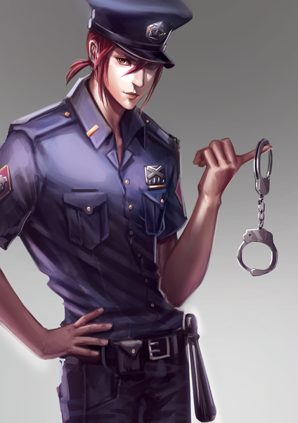 Anime picture 1000x1415 with free! kyoto animation matsuoka rin reiberrycream single tall image looking at viewer short hair simple background red eyes red hair grey background hand on hip boy uniform peaked cap handcuffs police uniform